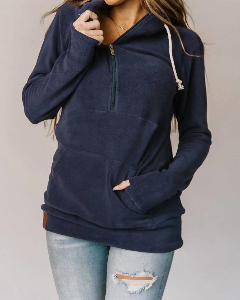 Front of a model wearing a size 3X Cozy Cutie Halfzip Hoodie in Blueberry in Blueberry by AMPERSAND AVE. | dia_product_style_image_id:327460